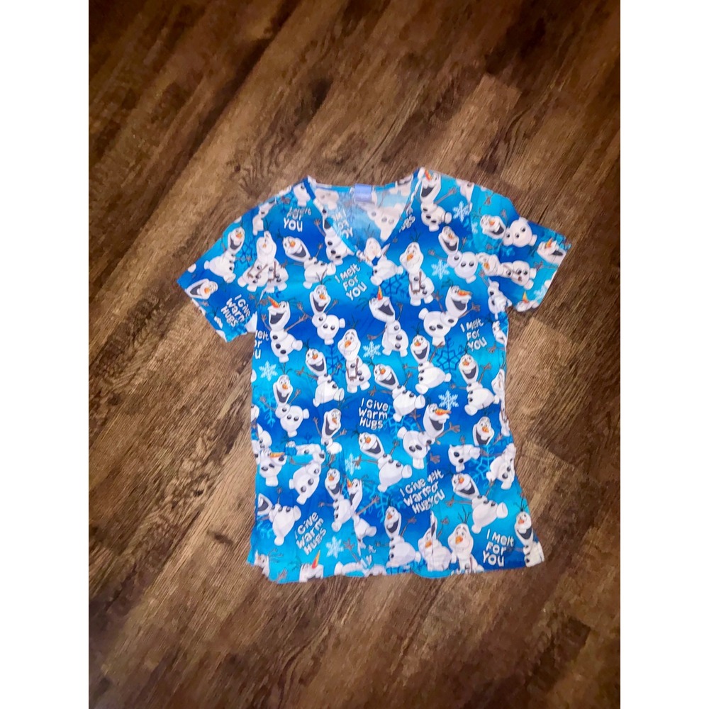 Disney Frozen Olaf Scrub Top Blue V-Neck Medical Uniform XS Cotton Snowman